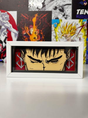 Light box decorativo anime con volto di guerriero Guts da Berserk in cornice bianca