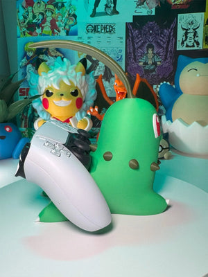 Supporto joystick 3D a forma di Chikorita, ideale per controller gaming, sfondo anime.
