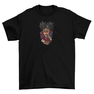 T-shirt nera ricamata con personaggio anime, stile Jujutsu Kaisen, arte dettagliata e colorata