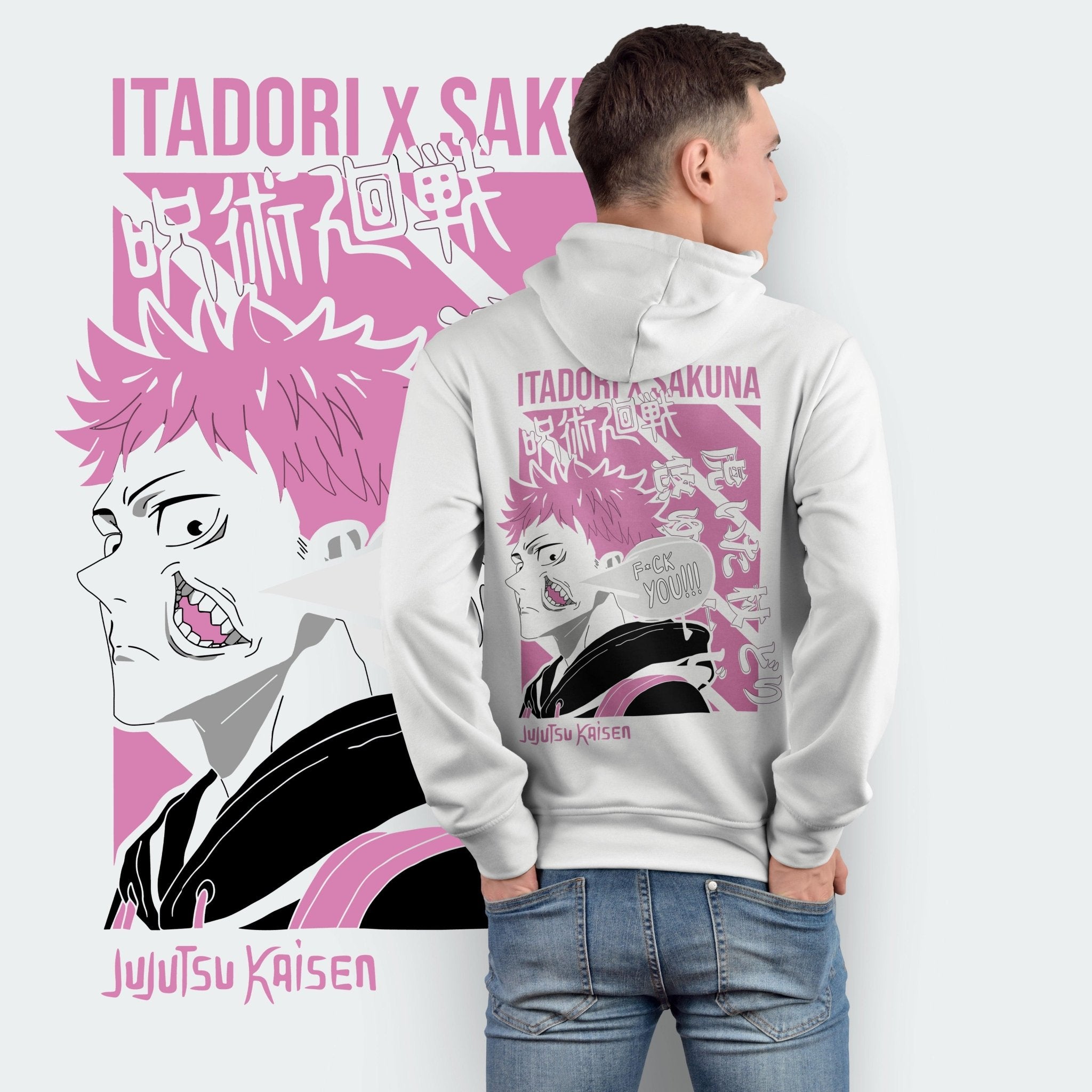 Felpa bianca anime Jujutsu Kaisen con stampa Itadori x Sukuna, dettaglio grafico rosa e nero.