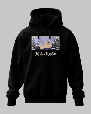 Felpa nera con ricamo di Gojo Satoru e logo Jujutsu Kaisen, stile anime giapponese.