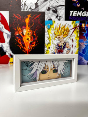 Light box Gojo Satoru Jujutsu Kaisen con cornice bianca su sfondo poster anime