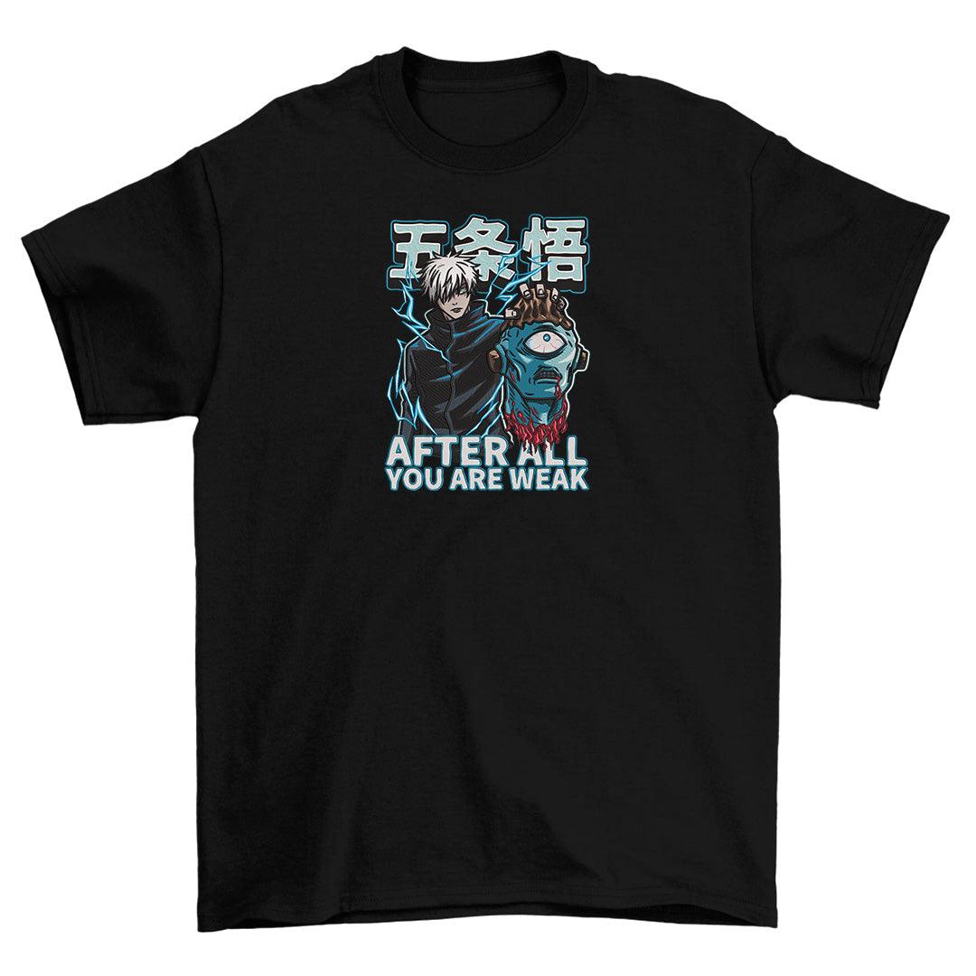 T-shirt nera anime con stampa Gojo che sconfigge Jogo, scritta After All You Are Weak.