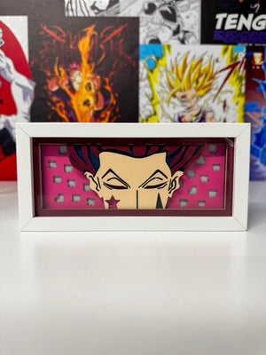 Light box LED con illustrazione ispirata a Hisoka di Hunter x Hunter, cornice bianca, sfondo anime.