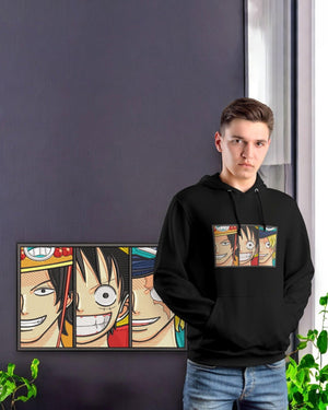 Felpa nera con stampa ricamata di Ace, Luffy e Sabo da One Piece, indossata da un ragazzo