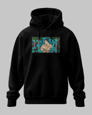 Felpa nera con cappuccio, ricamo anime ispirato a Jujutsu Kaisen, personaggio muscoloso tra energie blu.