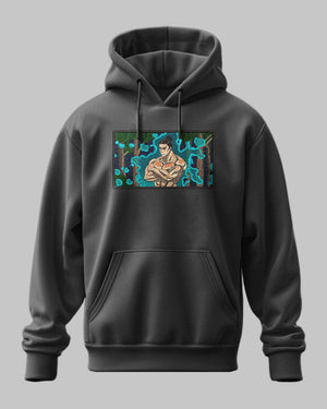 Felpa nera con cappuccio, ricamo personaggio anime muscoloso, stile Jujutsu Kaisen
