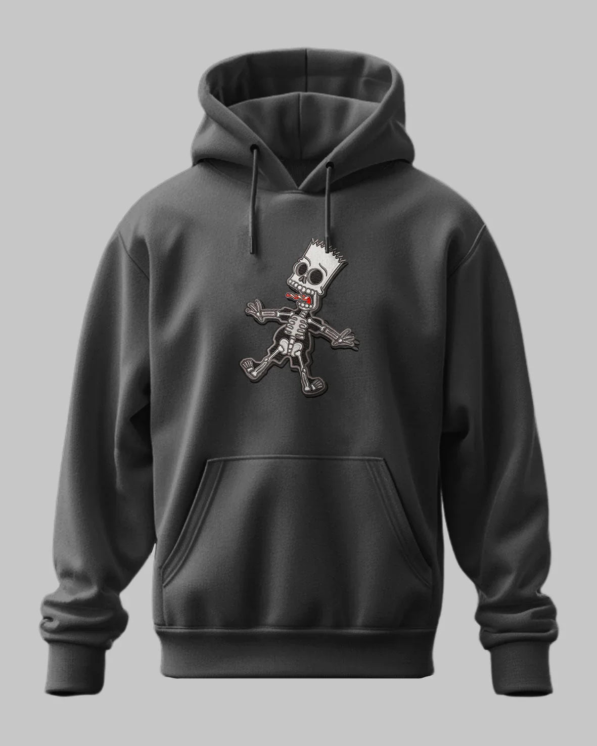 Felpa nera con cappuccio, ricamo personaggio cartoon stile scheletro sul petto