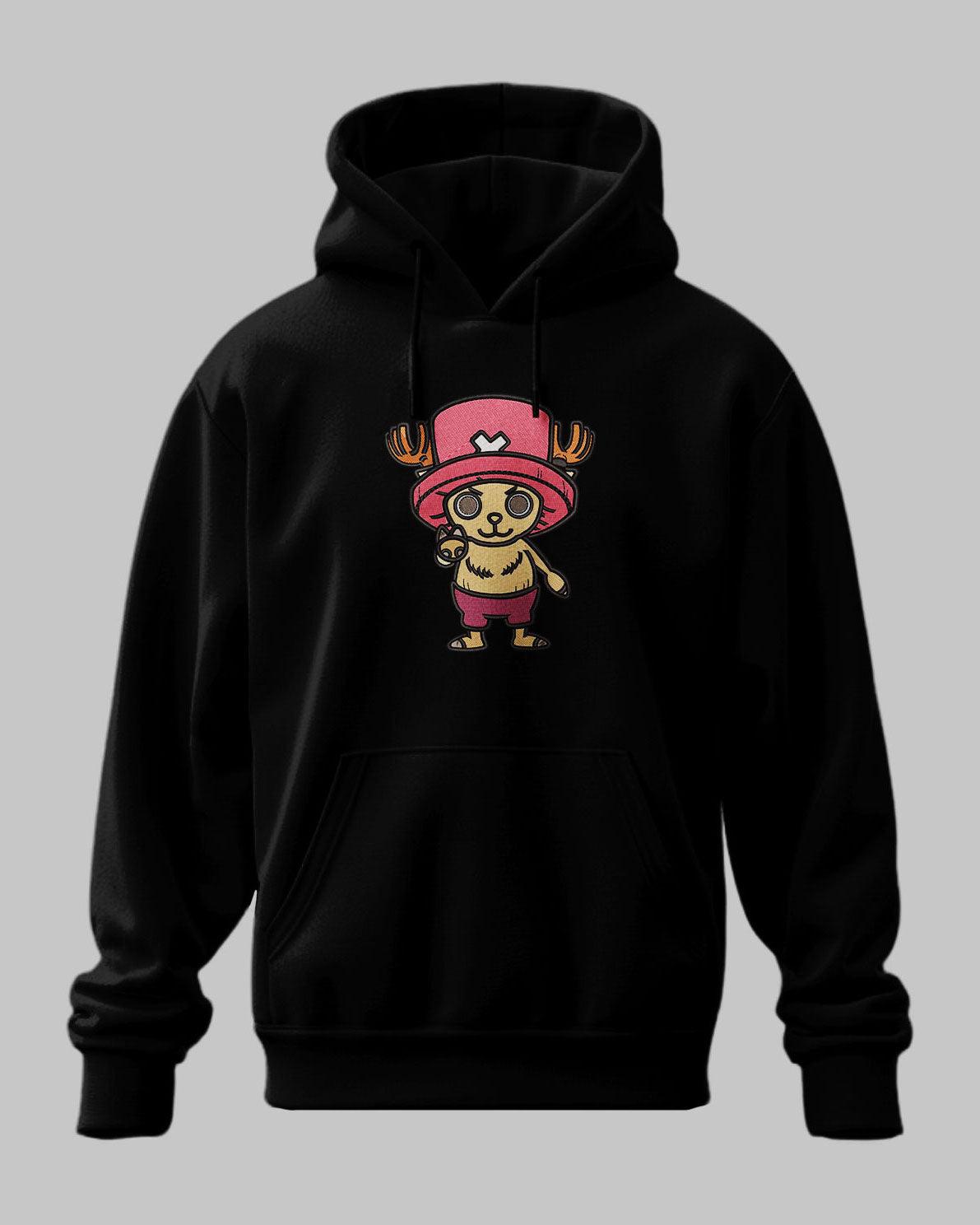 Felpa nera con ricamo Chopper One Piece, cappuccio e tasca frontale, stile anime.