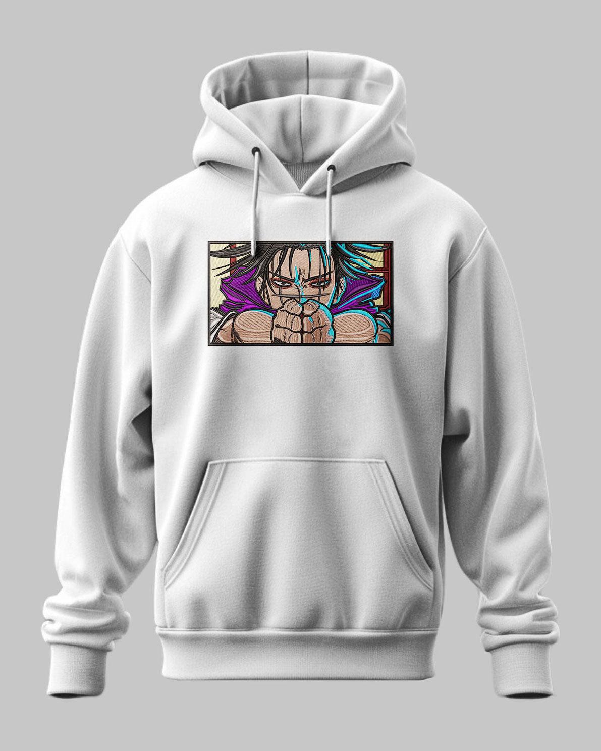 Felpa con cappuccio bianca con ricamo anime, personaggio Choso di Jujutsu Kaisen, stile colorato.