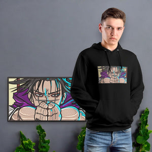 Felpa hoodie nera con ricamo personaggio anime Choso di Jujutsu Kaisen, indossata da un uomo.
