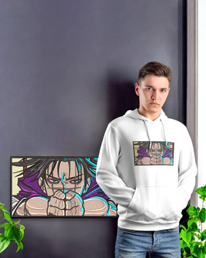 Felpa bianca con ricamo Choso Jujutsu Kaisen, ragazzo in posa accanto a quadro anime
