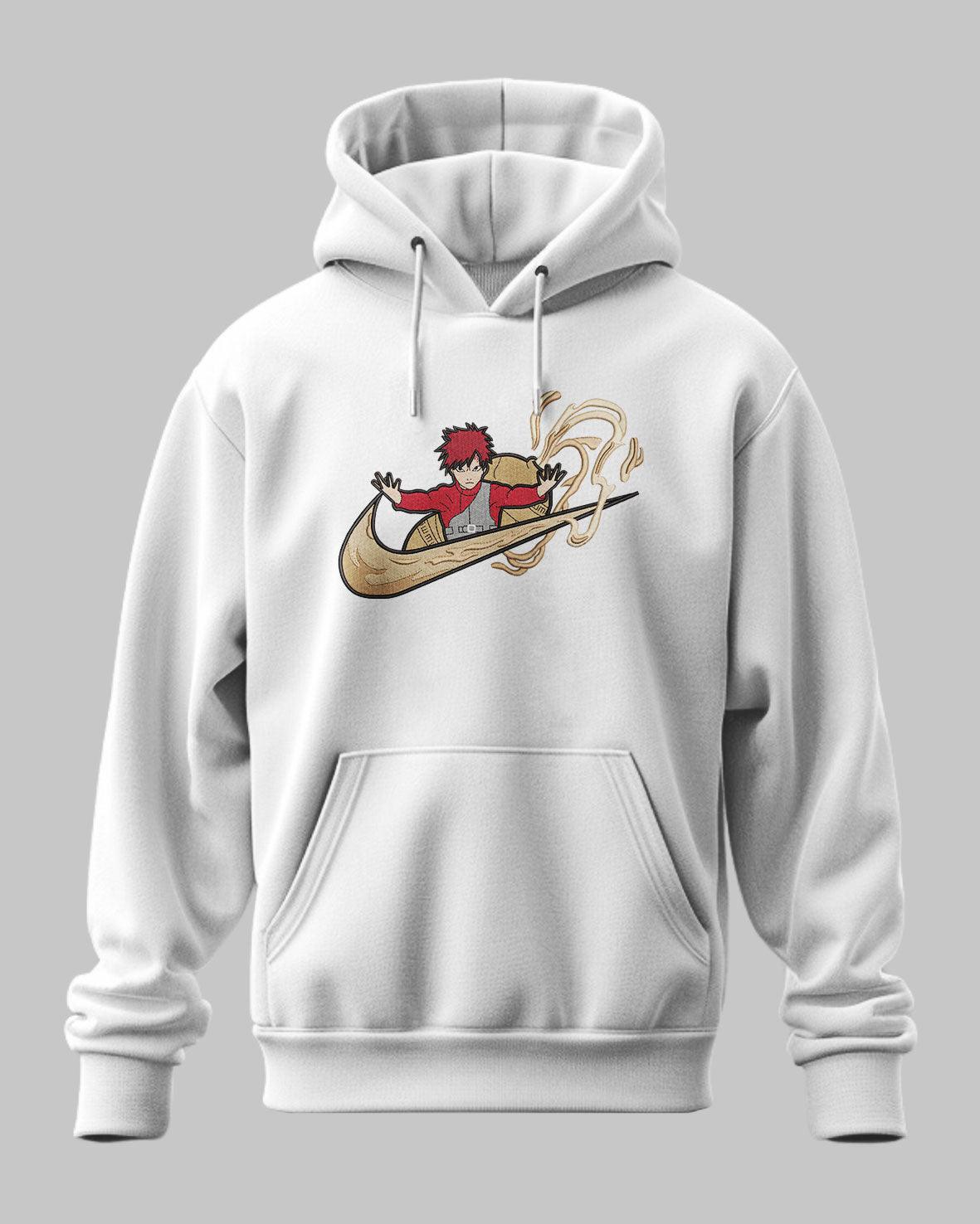 Felpa bianca con cappuccio, stampa anime Gaara di Naruto e motivo dorato, stile streetwear.