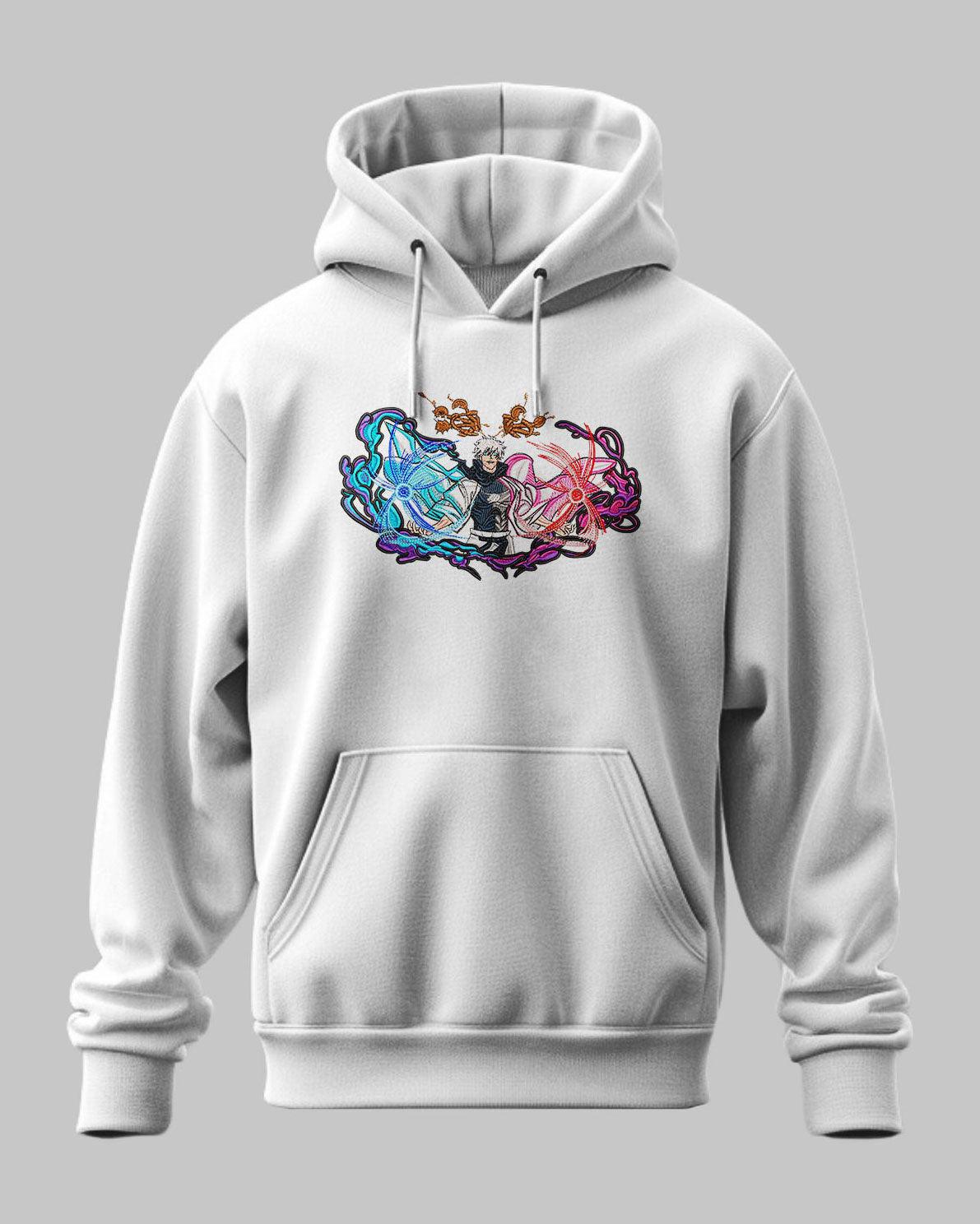 Felpa hoodie bianca ricamata Gojo Satoru Jujutsu Kaisen, design rosso e blu anime