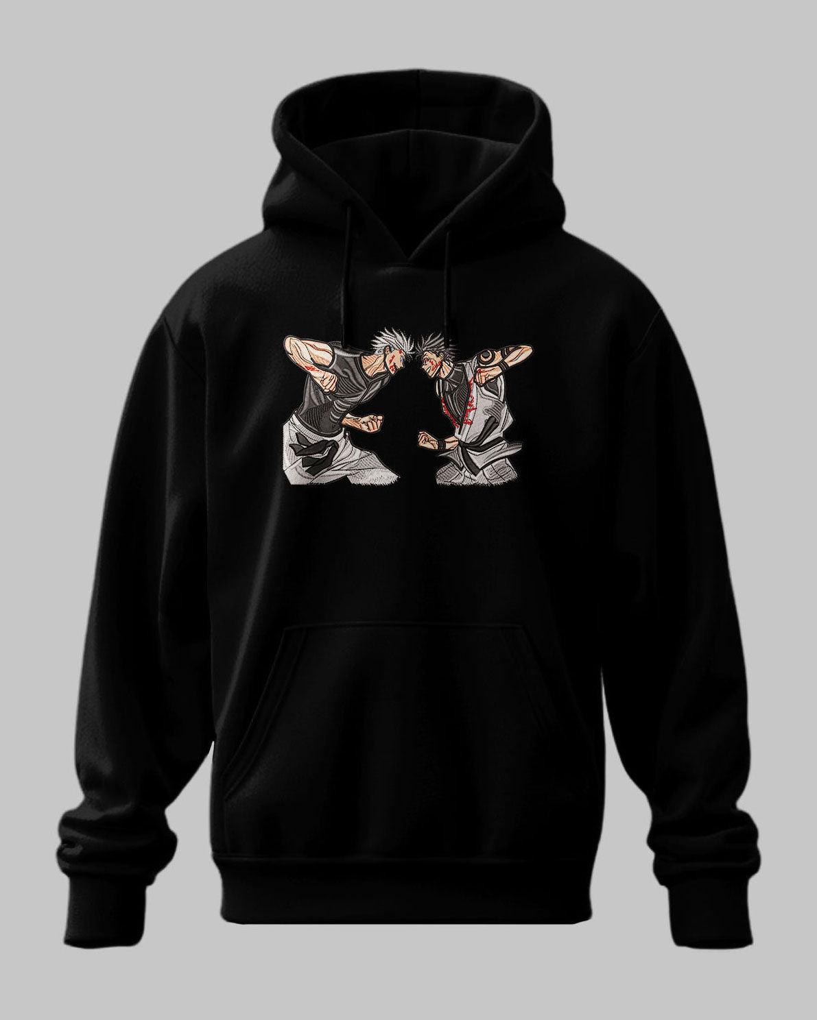 Felpa nera con ricamo anime Gojo vs Sukuna, Jujutsu Kaisen, stile streetwear