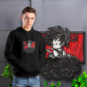 Felpa nera con stampa ricamata di ispirazione anime, personaggio simile a Goku su nuvola, sfondo rosso.
