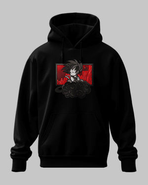 Felpa nera anime con ricamo di Goku bambino sulla nuvola Kinton e sfondo rosso, stile Dragon Ball.