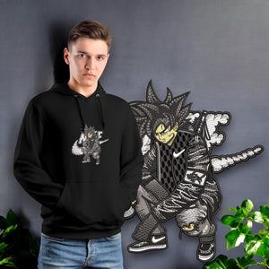 Felpa nera con ricamo Goku stile anime, design moderno, moda streetwear otaku.