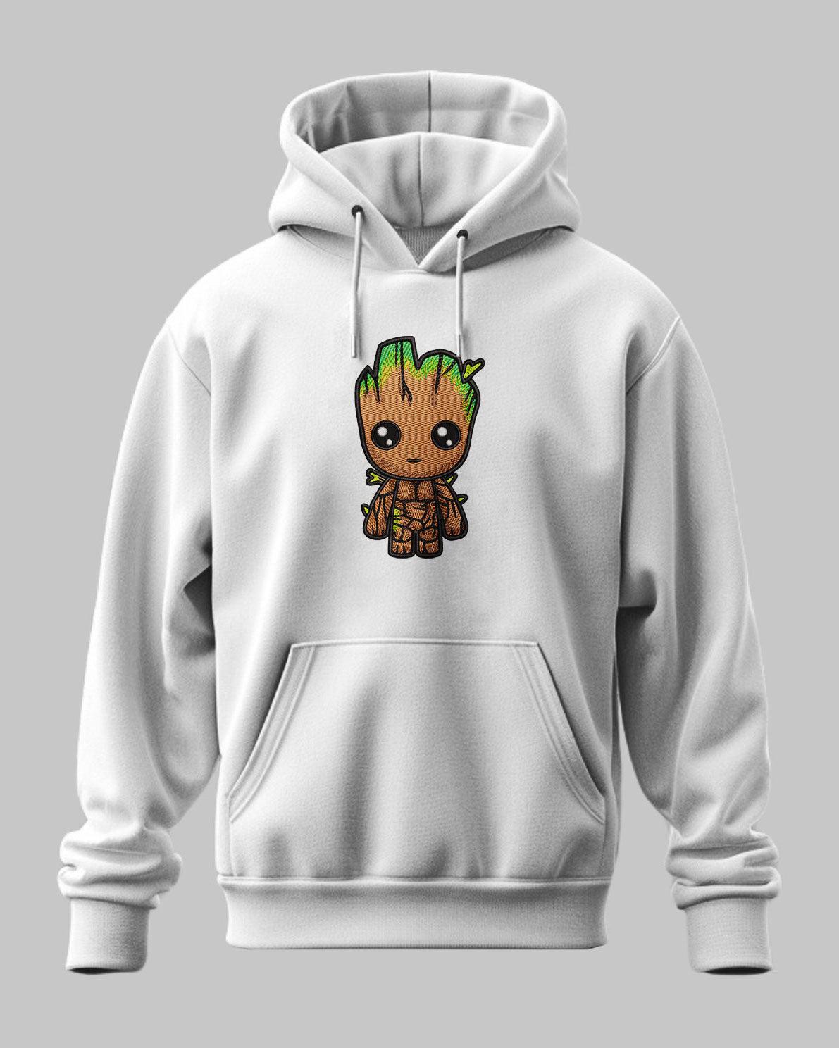 Felpa bianca con ricamo personaggio fumetto Groot stile cartoon, cappuccio e tasca frontale.