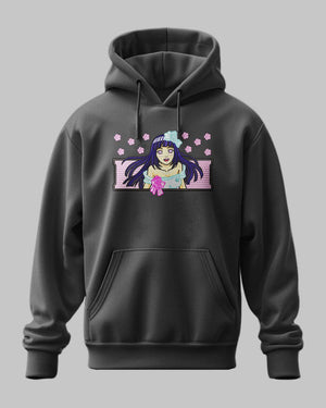 Felpa nera con ricamo Hinata Hyuga di Naruto, fiori rosa, stile anime giapponese.