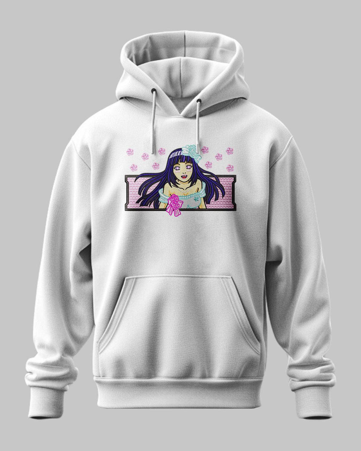 Felpa hoodie grigia con ricamo anime ragazza dai capelli viola, decorazioni rosa e fiori
