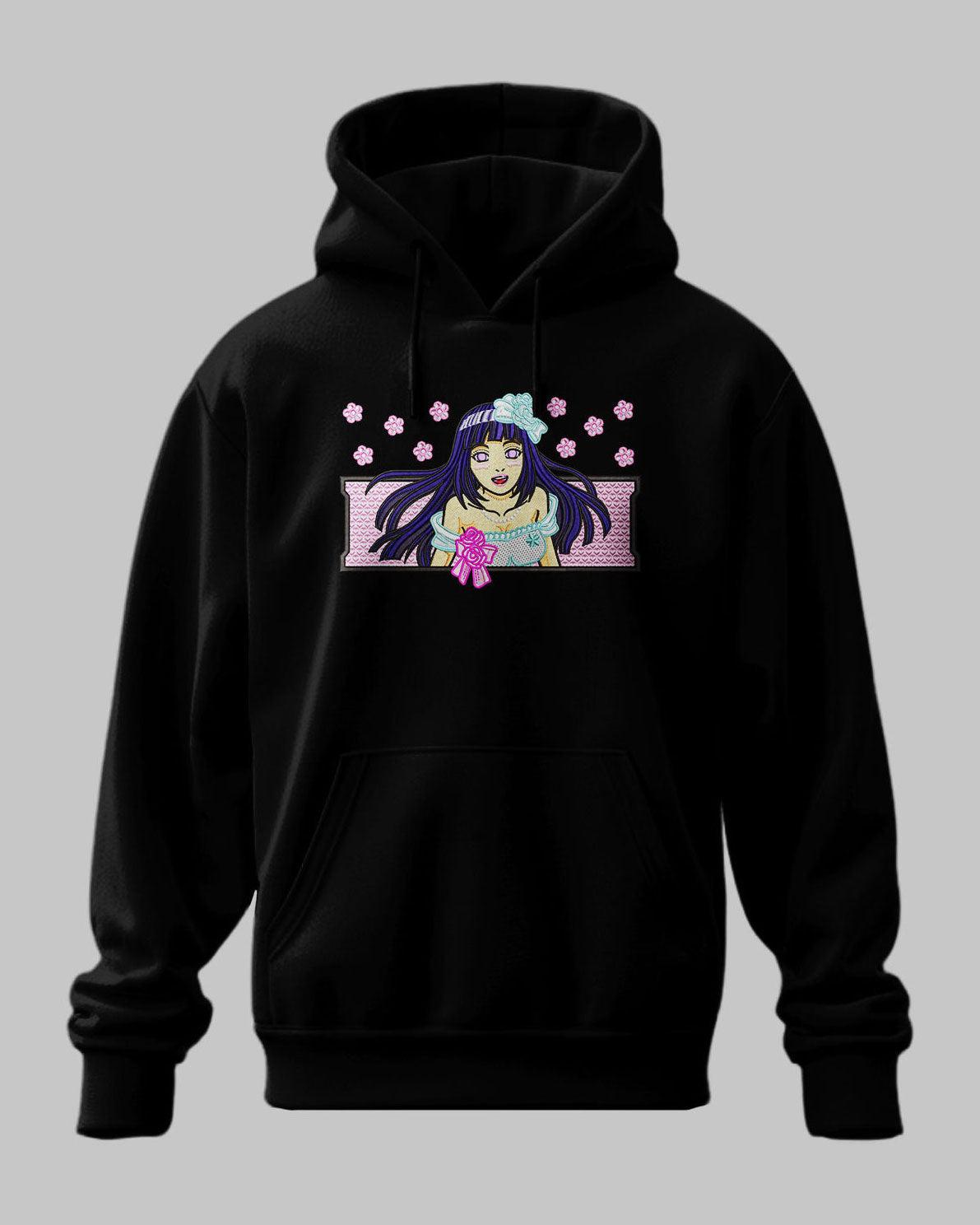 Felpa nera con ricamo Hinata Hyuga di Naruto e fiori di ciliegio, stile anime giapponese.