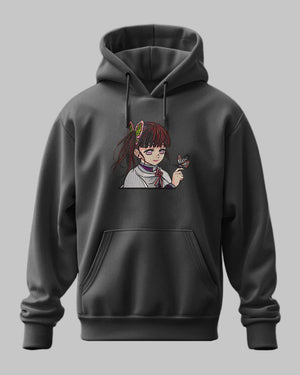 Felpa nera con cappuccio e ricamo anime Kanao Tsuyuri di Demon Slayer, stile giapponese.