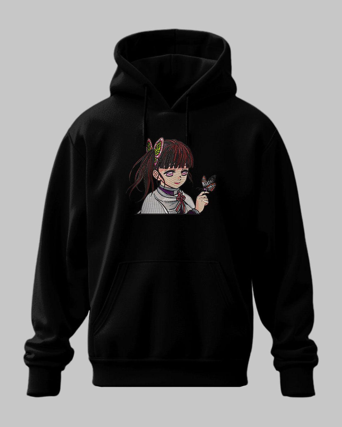 Felpa nera con cappuccio, ricamo personaggio anime ragazza con farfalla, stile Demon Slayer