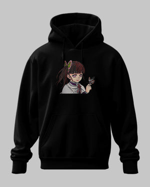 Felpa nera con cappuccio, ricamo personaggio anime ragazza con farfalla, stile Demon Slayer