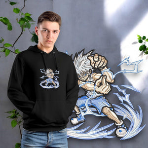 Felpa nera con ricamo Killua Zoldyck Hunter x Hunter, uomo posa davanti a grafica anime