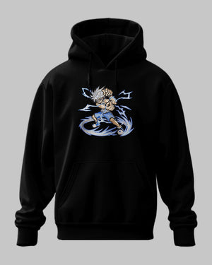 Felpa nera con stampa Killua Zoldyck Hunter x Hunter in posa d'attacco e fulmini blu.