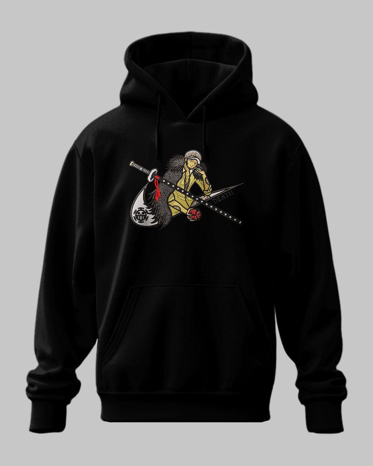 Felpa nera con ricamo anime di ragazzo con spada e cappello, ispirata a One Piece