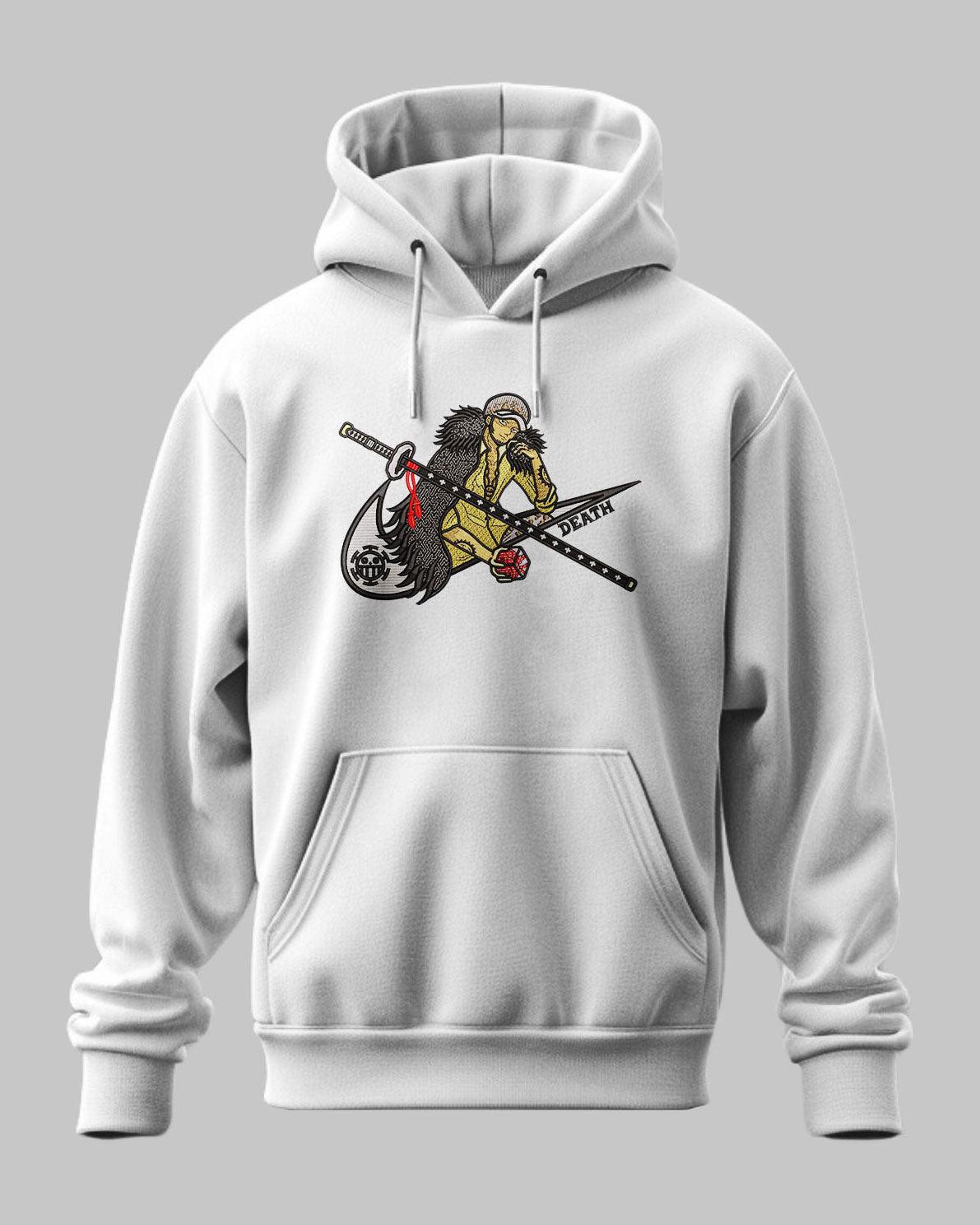 Felpa con cappuccio grigia ricamata con personaggio anime ispirato a One Piece e katana