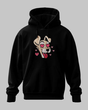 Felpa nera con stampa cane cartoon occhi a cuore, stile anime, fondo grigio.