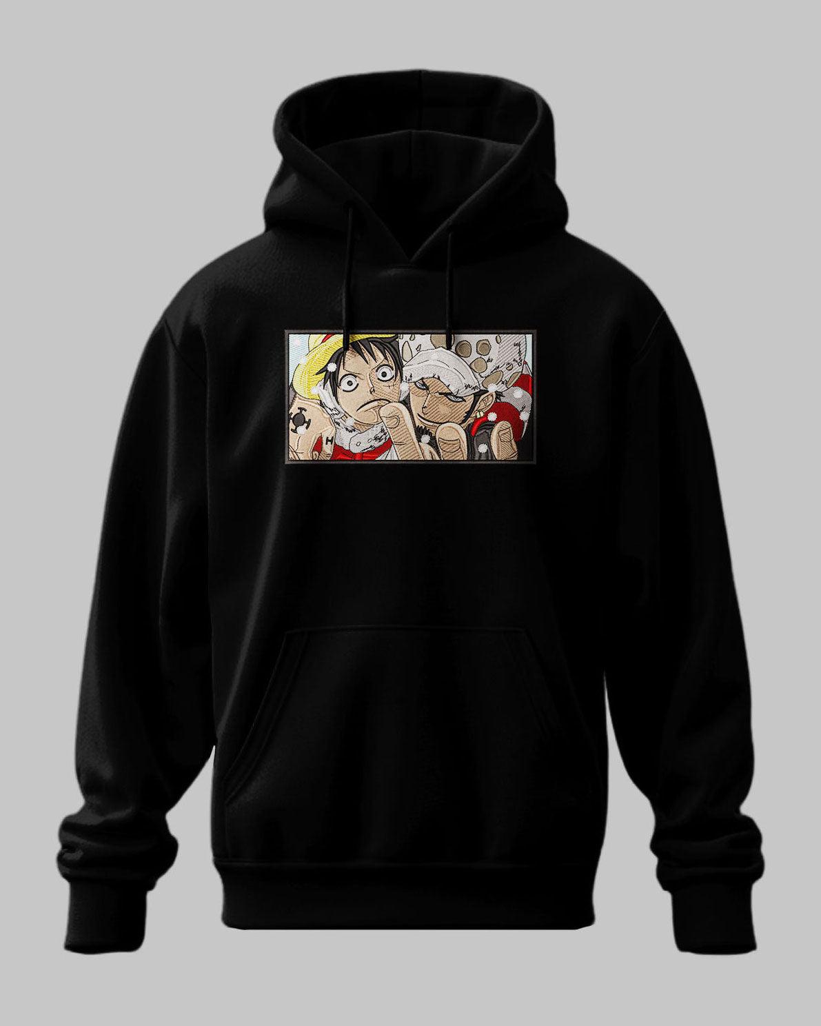 Felpa nera con cappuccio, stampa anime Luffy e Law One Piece, stile manga giapponese.