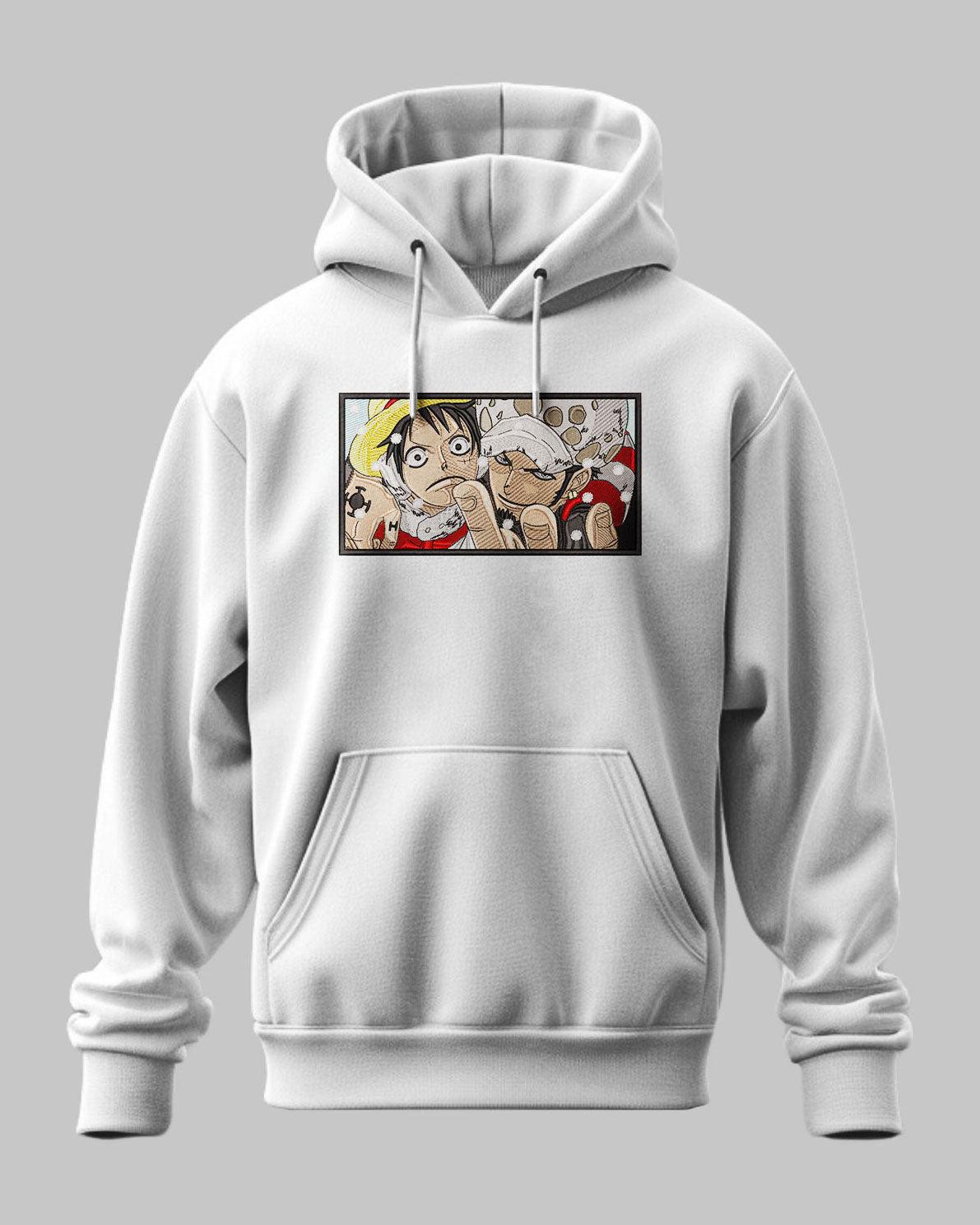 Felpa con cappuccio grigia, stampa Luffy e Law di One Piece in stile manga colorato.