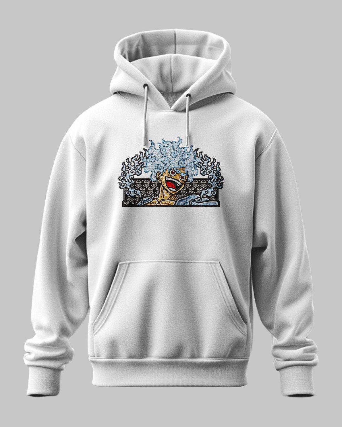 Felpa con cappuccio grigia con ricamo Luffy Gear 5 One Piece, stile anime.