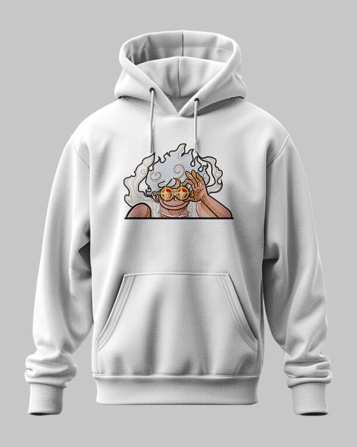 Felpa bianca con stampa ricamata di Luffy Gear 5 con occhiali da sole, ispirata a One Piece.