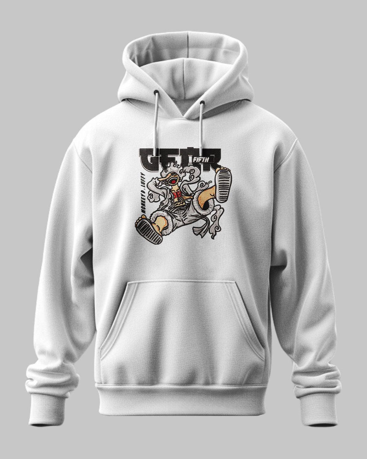 Felpa bianca con cappuccio, stampa Luffy Gear Fifth di One Piece in stile anime.