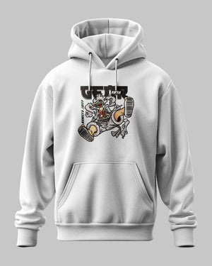 Felpa bianca con cappuccio, stampa Luffy Gear Fifth di One Piece in stile anime.