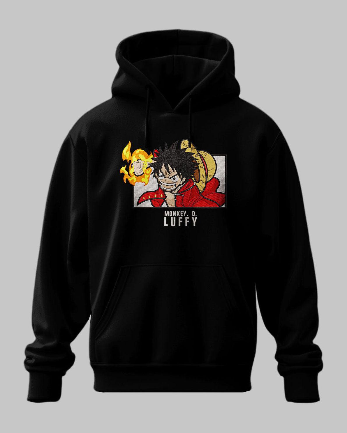 Felpa nera con ricamo di Monkey D. Luffy di One Piece, stile anime, cappuccio e tasca frontale