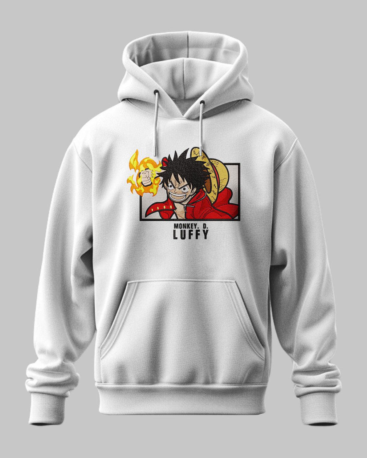 Felpa bianca con cappuccio, stampa Monkey D. Luffy One Piece, design anime ricamato.