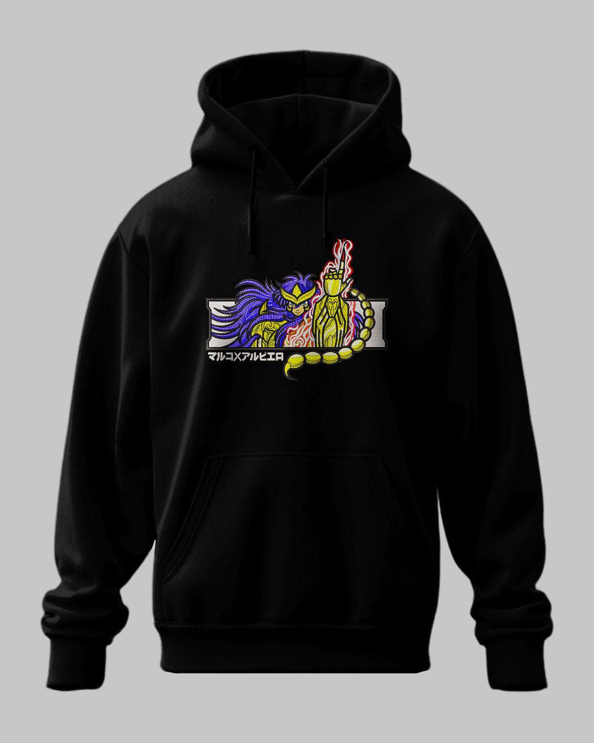 Felpa nera con cappuccio ricamata Milo dello Scorpione anime Saint Seiya, design colorato