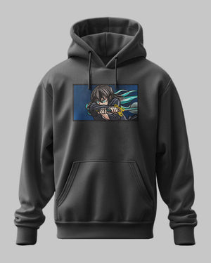 Felpa nera con cappuccio, ricamo personaggio anime Muichiro Tokito con spada, Demon Slayer.
