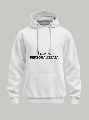 Felpa con cappuccio bianca personalizzata con stampa nera, modello unisex su sfondo neutro.