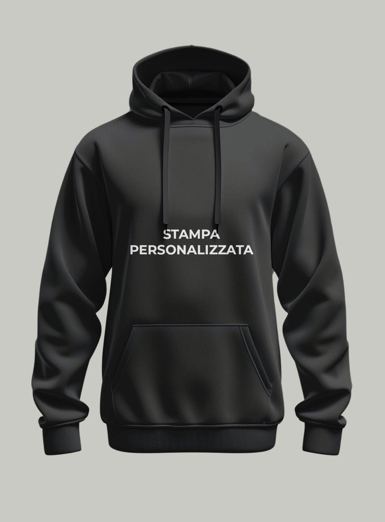 Felpa nera con cappuccio e tasca, scritta bianca stampa personalizzata sul davanti