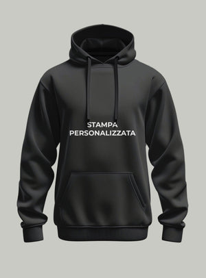 Felpa nera con cappuccio e tasca, scritta bianca stampa personalizzata sul davanti