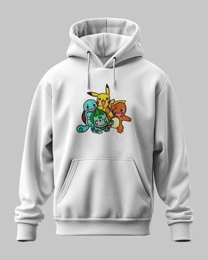 Felpa bianca con cappuccio, stampa anime Pokémon starter Pikachu, Bulbasaur, Charmander, Squirtle