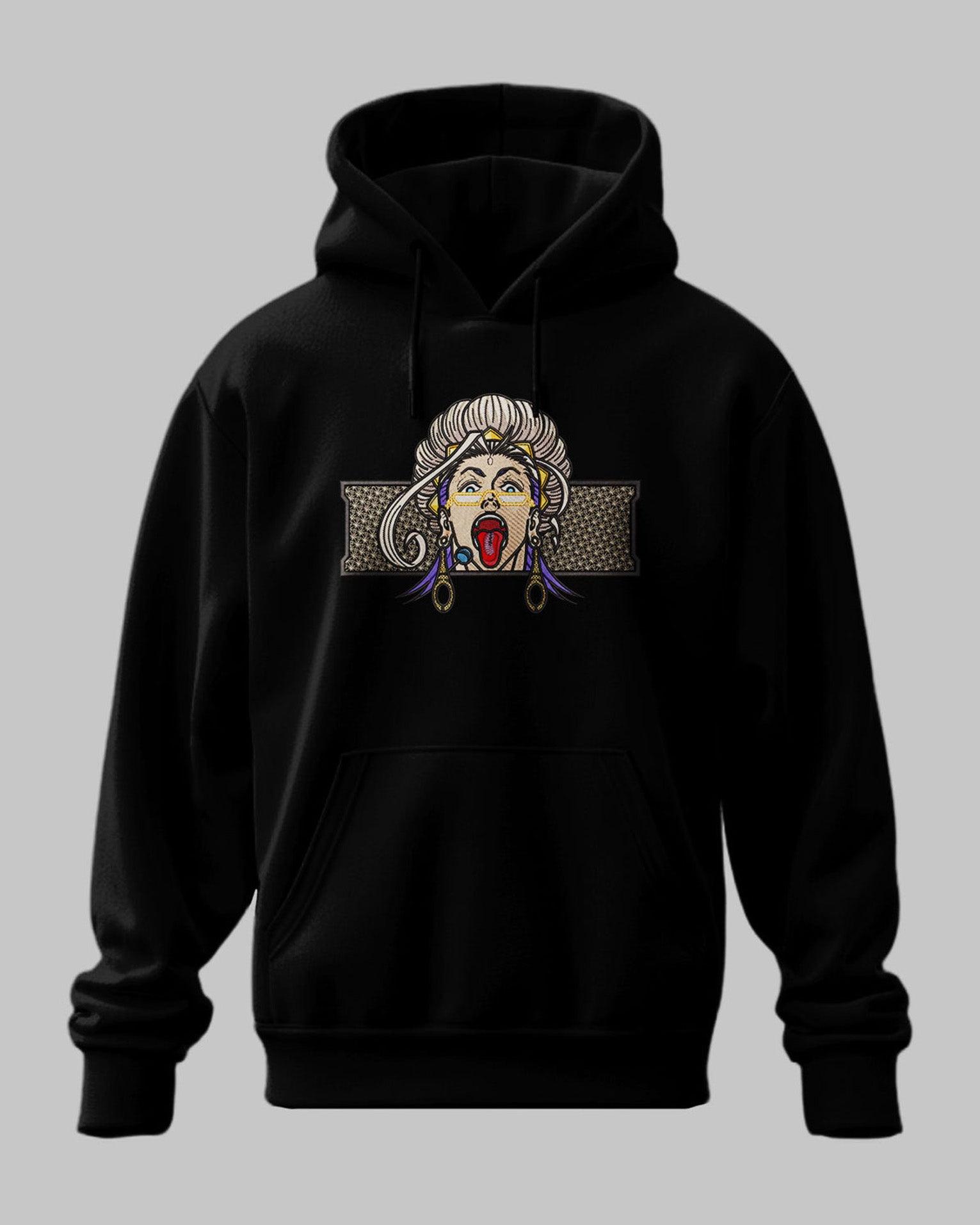 Felpa nera con ricamo Buddha in stile anime, ispirata a Record of Ragnarok, sfondo grigio.