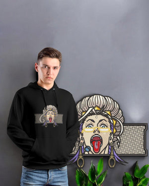 Felpa nera ricamata Buddha Record of Ragnarok, indossata da ragazzo, sfondo decorativo anime.